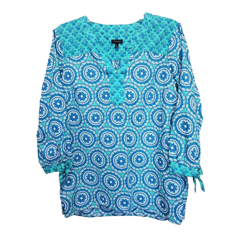 Talbots Cotton Medallion Print Tie-Sleeve Lightweight Notch Neck Tunic Size LGE